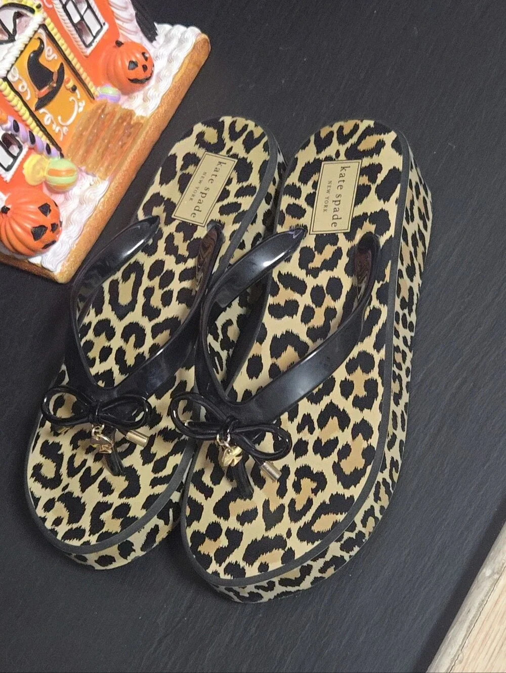 kate spade Leopard Print Platform Flip Flop Sandals in Black and Tan